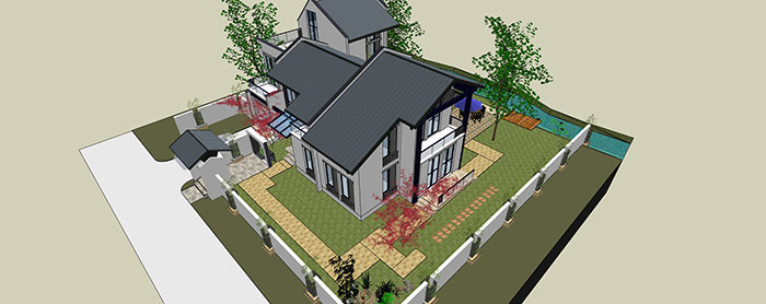 نموذج Sketchup ثلاثي الأبعاد لمكتبة مناظر طبيعية تحتوي على حديقة وأشجار